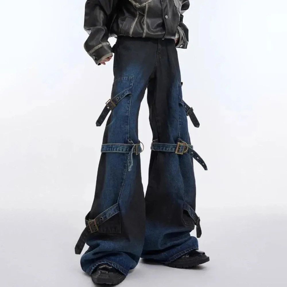 Niche Men Jeans Wash Gradient Floor Mop Casual Trend Vintage New Korean Fashion Flared Pants  High Street