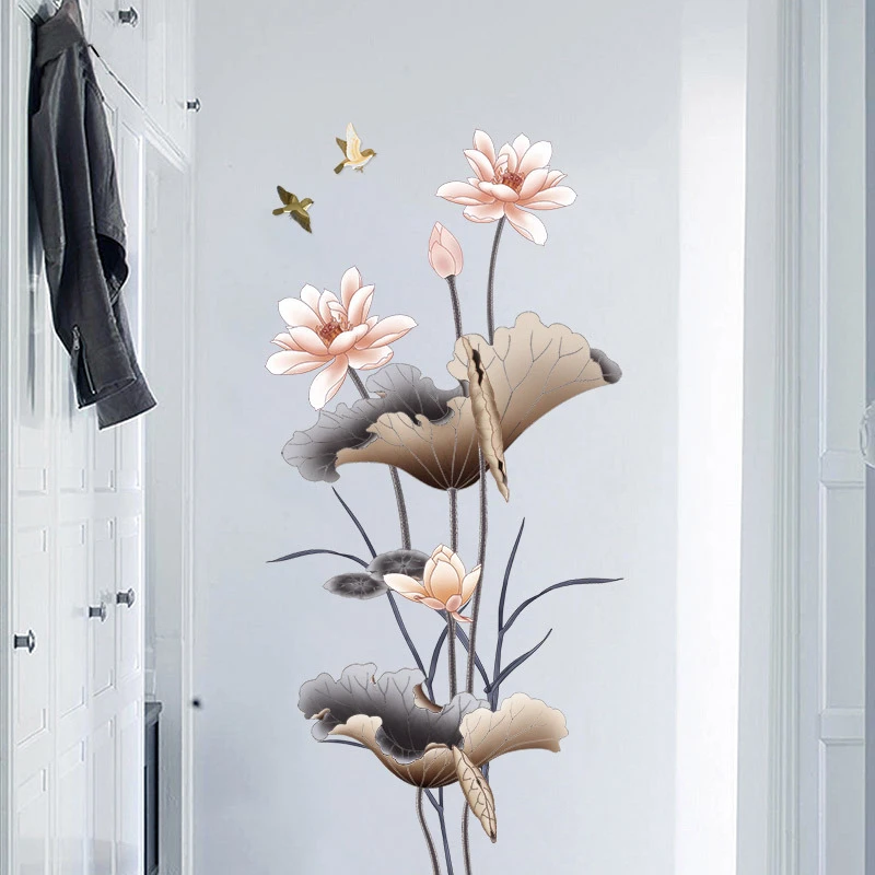 Chinese Style Lotus Flower Wall Stickers Home Decor 3d Wallpaper Large Wall Decals Living Room