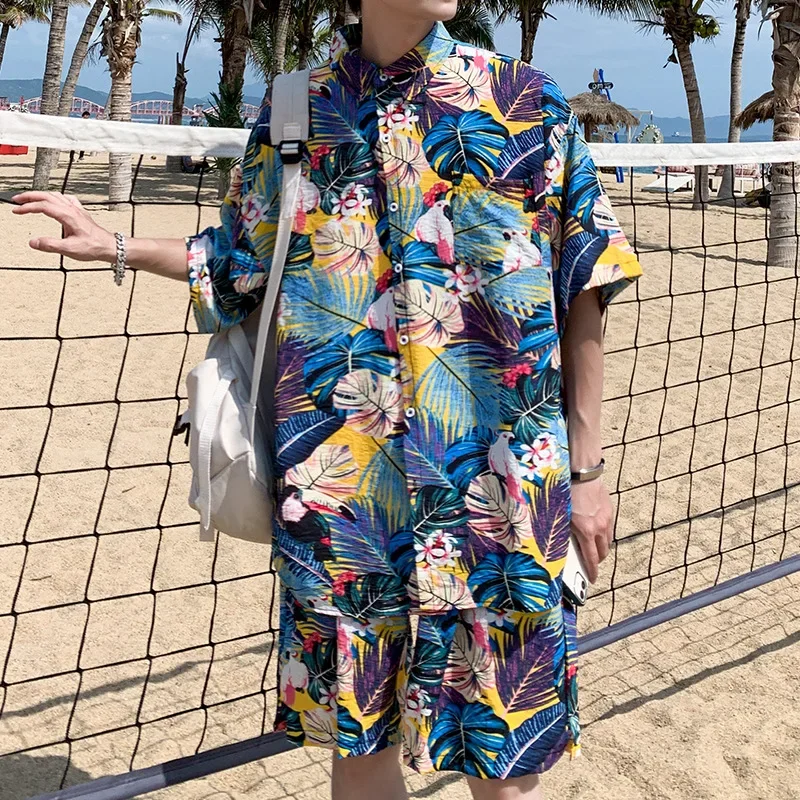 Men's Shirt Shorts Set Printing 2021 Summer New Hawaiian Beach Casual Loose Hong Kong Style Youth Floral Shirts Two-piece