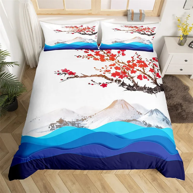 Jogo de cama japonês Ukiyoe padrão Hokusai jogo de cama para crianças e  adolescentes, estilo japonês, lençol com elástico, capa de cama floral,  decoração de quarto, rosa, 3 peças tamanho Queen