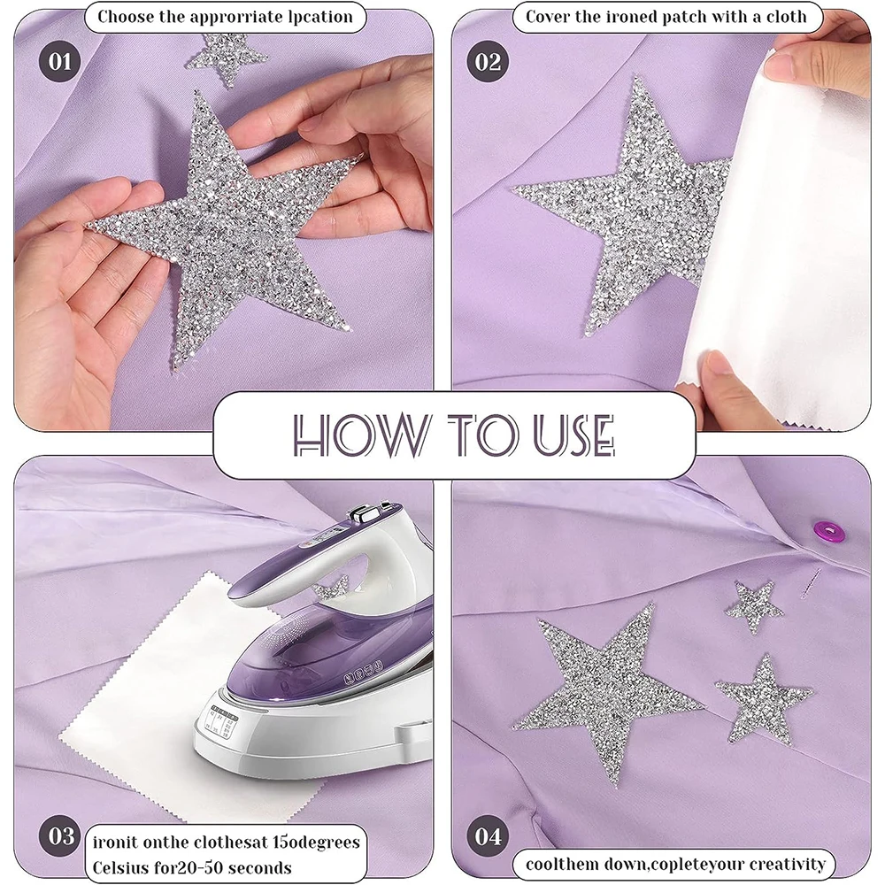 8 Stück selbstklebende Stern-Patches zum Aufbügeln, zum Aufbügeln, Stern-Glitzer, Strass, glänzende Patche-Applikationen für Tasche, Hose, Kleidung, Reparatur, Dekoration – Detail 5