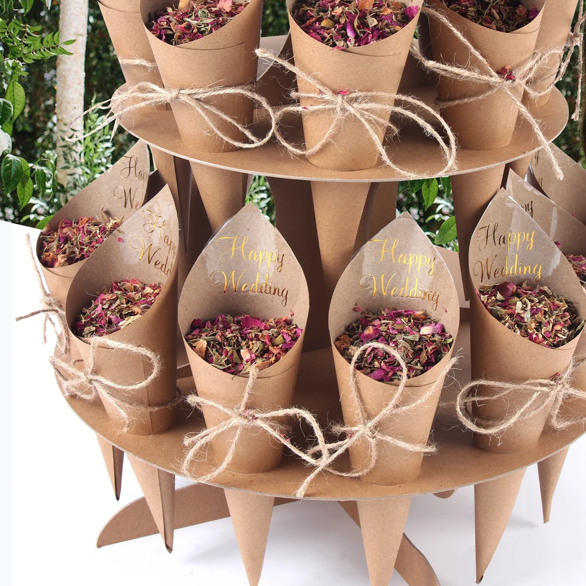 Wedding Confetti Cones Rose Flower Confetti Tray Rustic Wedding Decoration Kraft Paper Wedding Cones Stand Holder Support images - 6