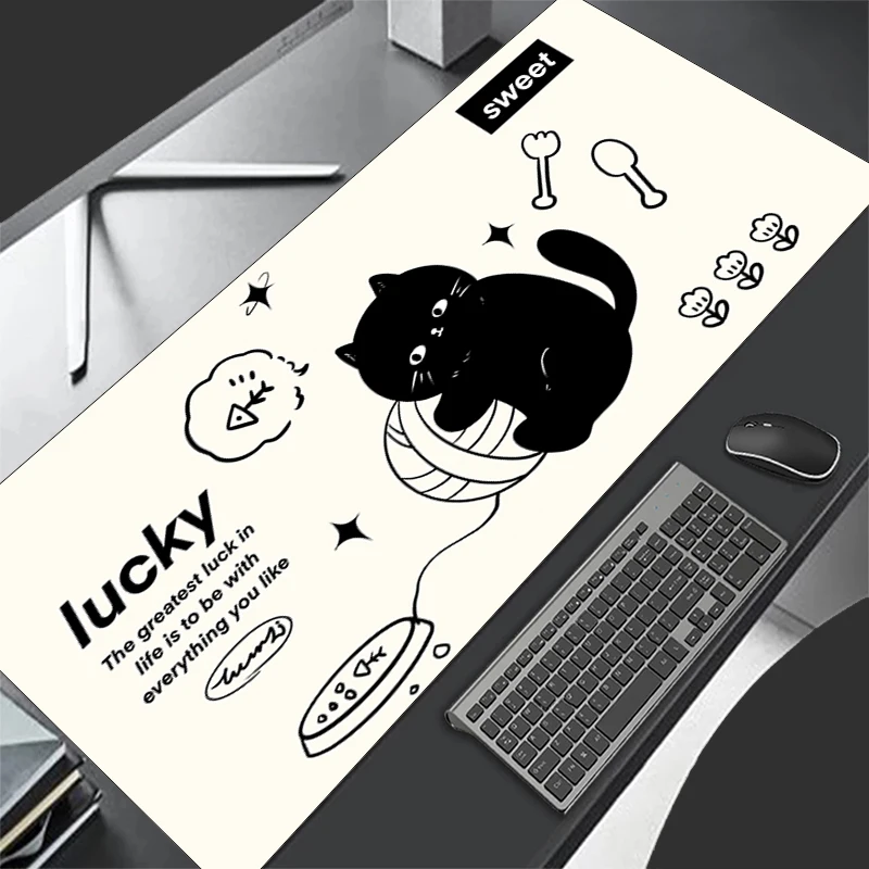 

Black Cat Mousepad Kawaii Anime PC Rubber Office Mouse Mats Laptop Gaming Accessories Mouse Pad 900x400 Keyboard Large Desk Mat