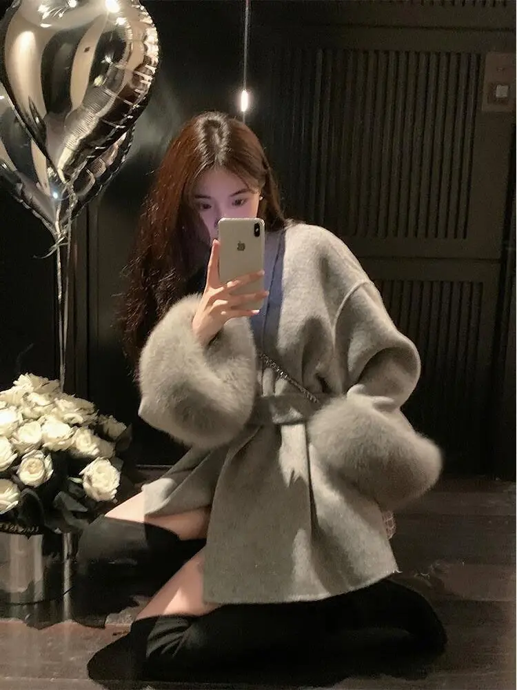 4 Colors Women Winter Double-Sided Cashmere Loose Jacket Real Fox Fur Long Sleeves Coat Luxury Turn-down V Neck Belt Overcoat