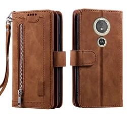 Zipper Flip Folio Wallet Case with Card Slots & Wrist Strap - Carnival Design for Moto E5 (Brown)