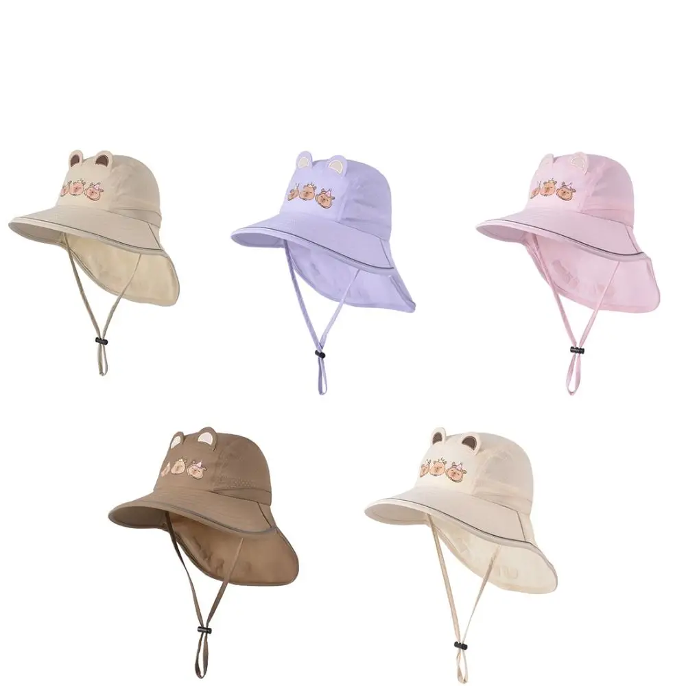 Breathable Capybara Fisherman Hat Windproof Rope Cotton Shawl Sun Hat Wide Brim Quick Dry Baby Sun Protection Hat Spring