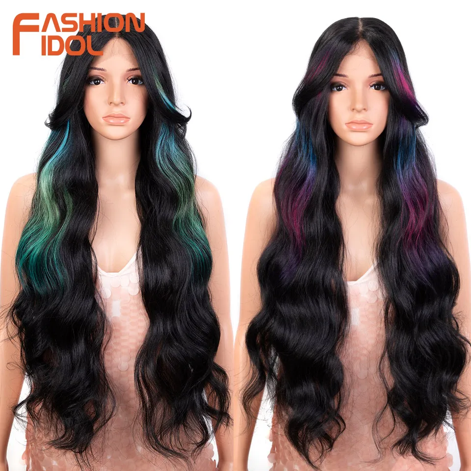 Loose Water Wave Synthetic Lace Front Wig 34Inch Ombre Rainbow Glueless With Baby Hair Cosplay Wigs For Women Deep Wave Lace Wig