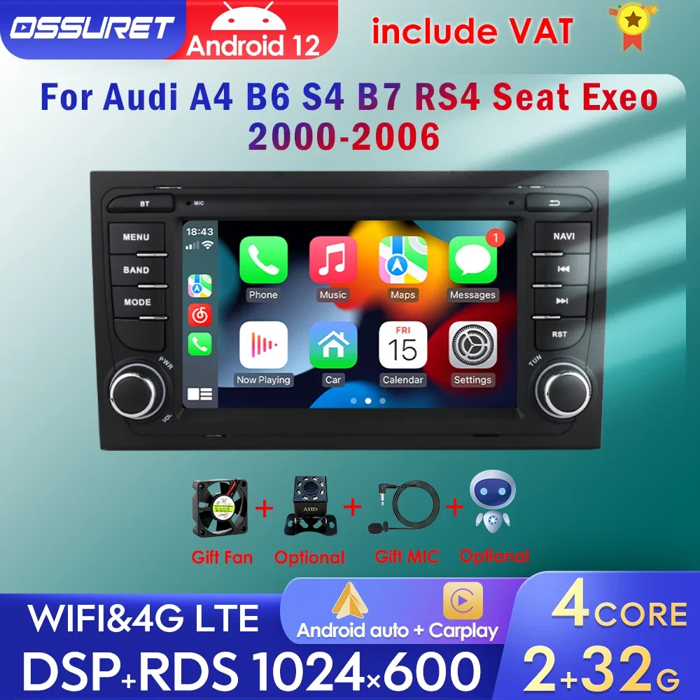 Doppel DIN Radio Für A4 2000-2009 AWESAFE 7zoll Audi A4 8e 8h 2000-2009 Carplay 1 32GB Android13 9 Zoll CarPlay DAB+ Radio