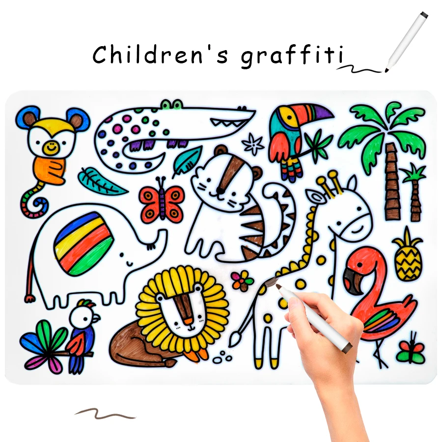 Personalized DIY Color Silicone Baby Placemats Cartoon Pattern Table Placemats Reusable Doodle Drawing Mat Baby Stuff 6