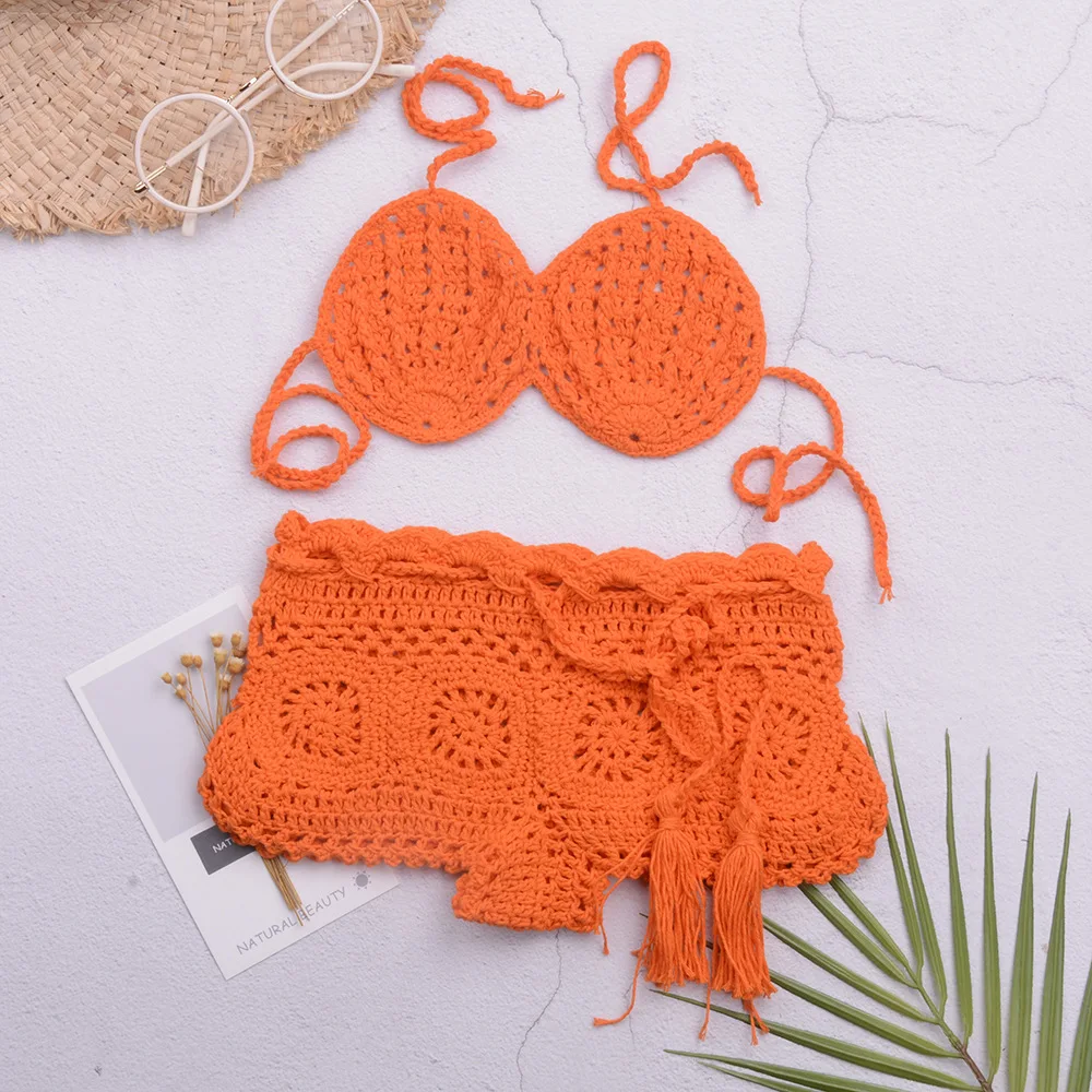 Beach Hand Crocheted Flower Shorts Children's Swimsuit Suit Split Bikini for Girls and Children