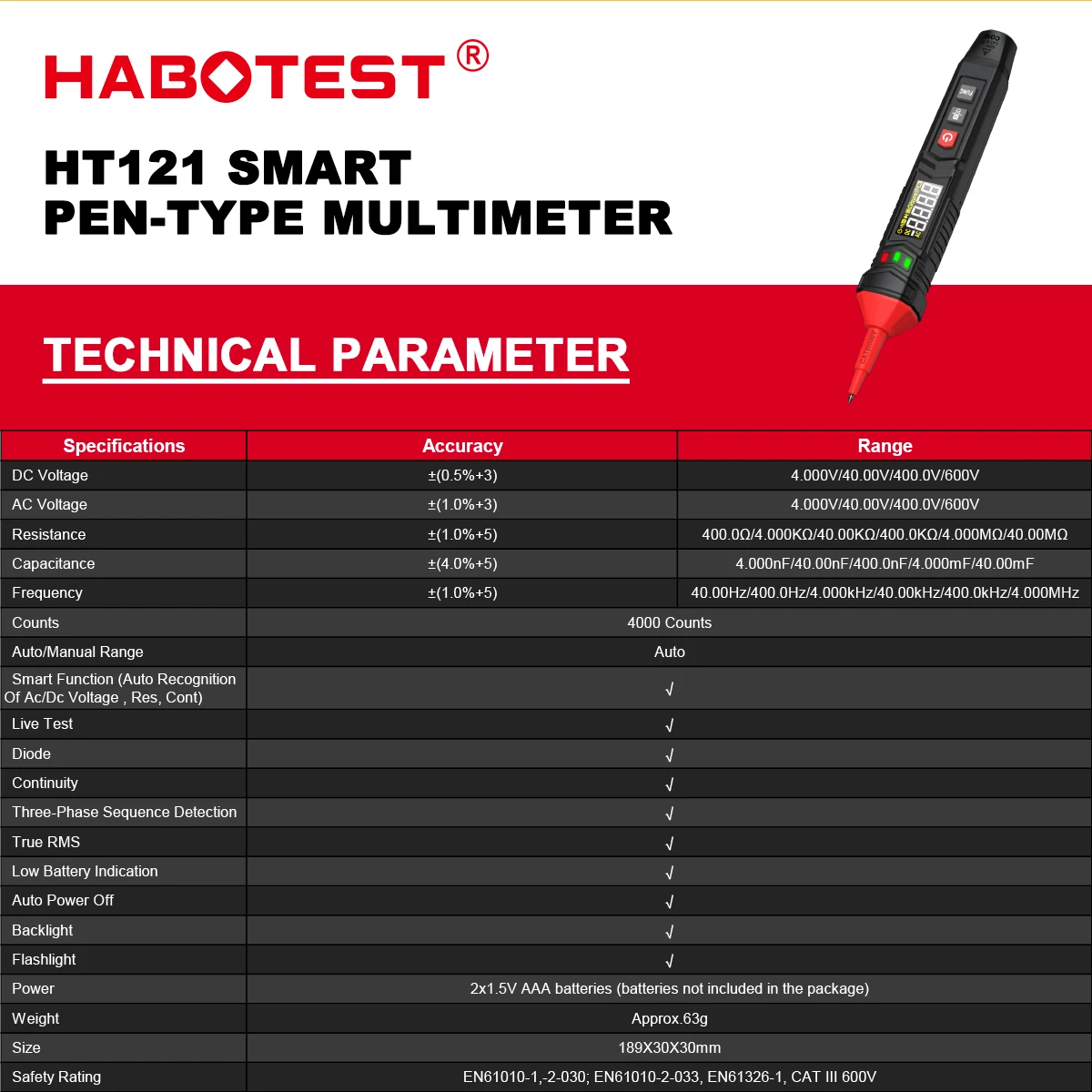 HABOTEST HT121 Digital Pen Type Multimeter DC AC Voltage Tester Smart Voltmeter 4000 Counts True RMS NCV Resistance Hz Tester digital multimeter