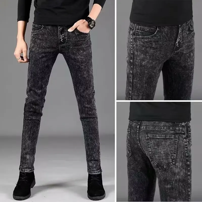 Grey Snowflake 2025 New Men's Slim Fit Jeans Fashionable Tight Long Trousers Korean Style Casual Cotton Youth Popular