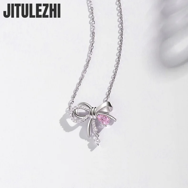 Trendy 925 Sterling Silver Pendant Necklace For Women Stone Bow