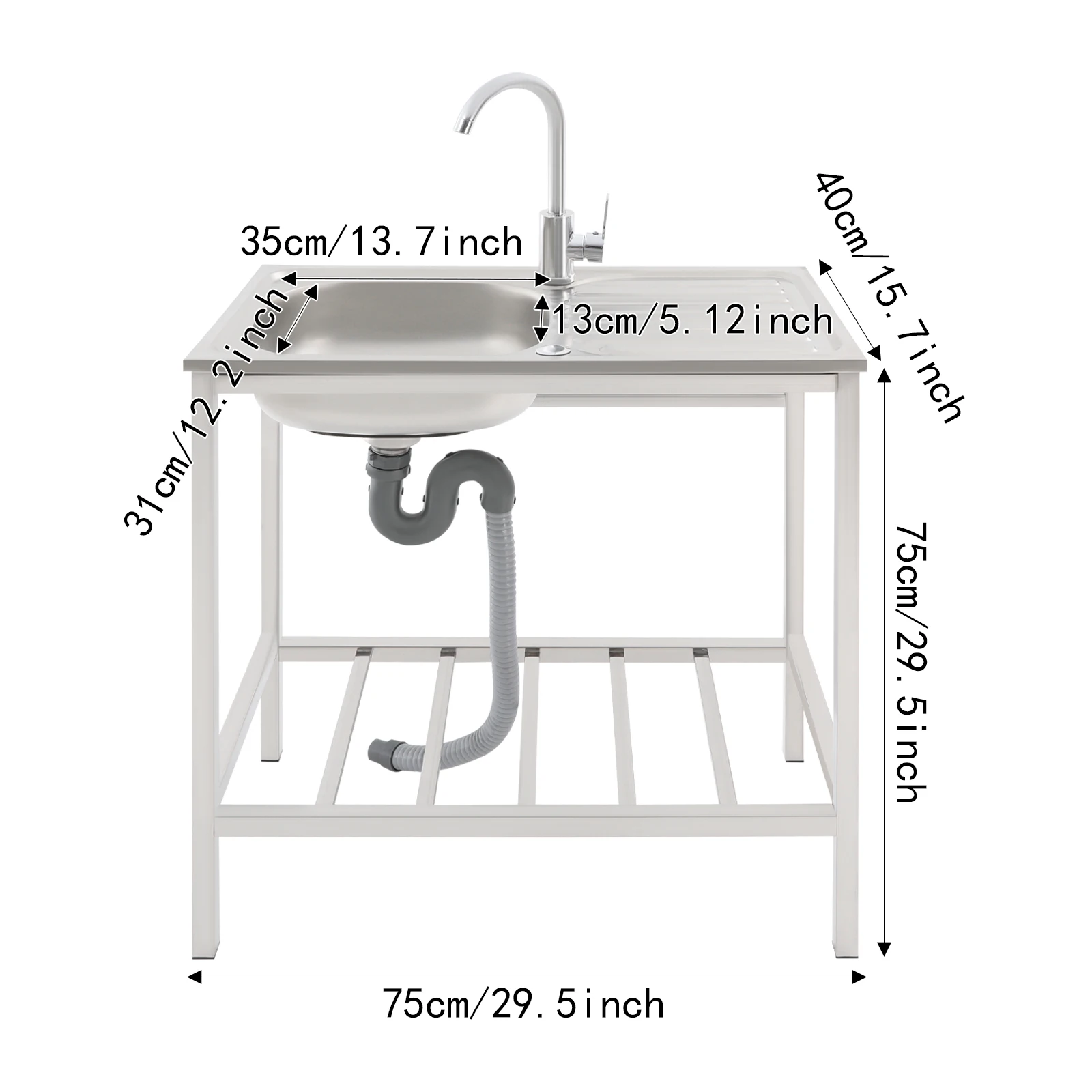 Edelstahl-Spüle für die Küche 75*40*75cm Einzelbecken-Spüle Freistehende Edelstahl-Spüle Verstellbarer Winkel 360° ° Gewerbliches Spülbecken – Detail 6