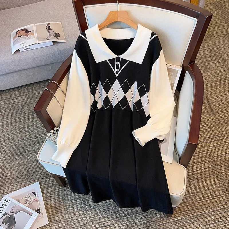 

155Kg Plus Size Women's Bust 160 Autumn Winter Loose Long Polo Sweater Dress Black 5XL 6XL 7XL 8XL 9XL 10XL