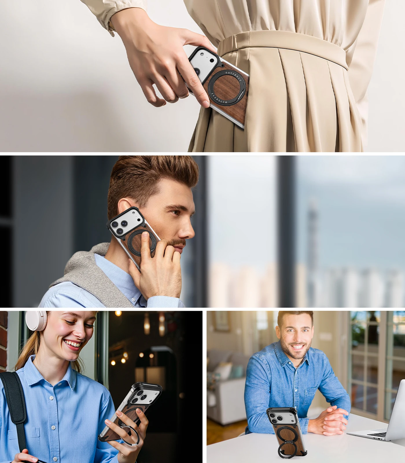 Eary Wooden Phone Case for iPhone 17 Pro Max 17 Pro for Magsafe Magnetic Stand 360°Rotatable Thicken Shockproof Protective Cover