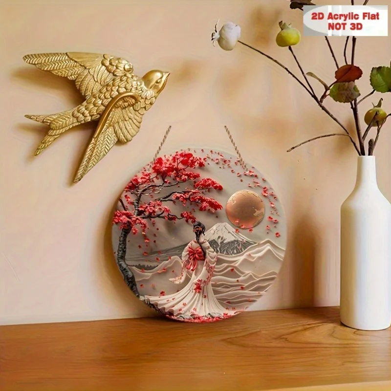 2D flaches 1-teiliges Holzschild im japanischen Stil, modische Wanddekoration aus Holz, japanische Frau im Kimono unter dem Kirschblütenbaum – Detail 7