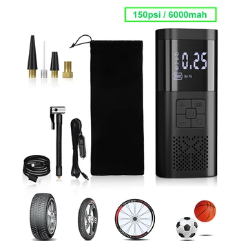자동차 전기 자전거 오토바이 공기 펌프, 다기능 타이어 공기 주입기, 휴대용 무선 공기 압축기, 150PSI, 6000mah