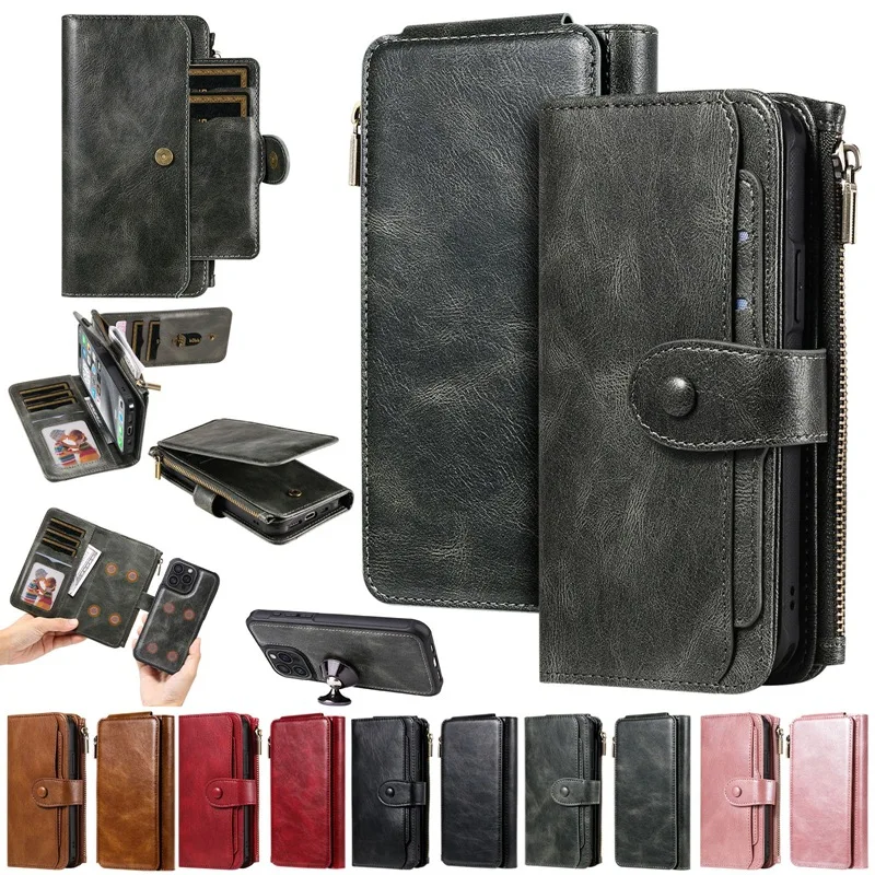 Luxury Leather Zipper Flip Wallet Case with Removable Cover
