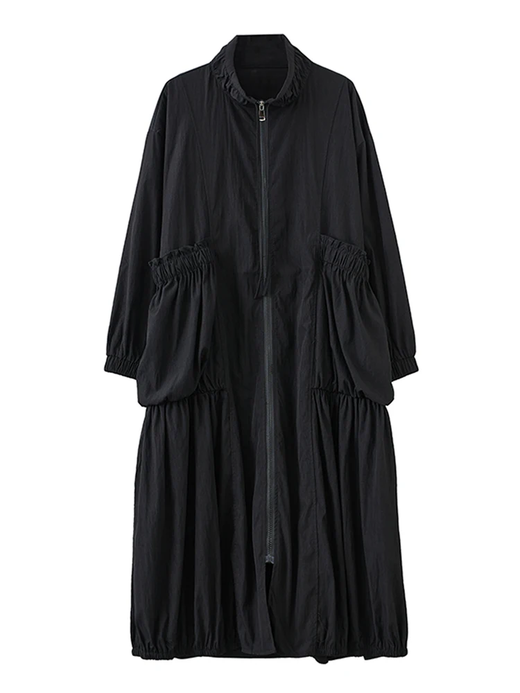 Khaki Oversized Zipper Long Trench Coat For Women Patchwork Pocket Casual Loose Vintage Outerwear Cardigan Autumn Winter 2024