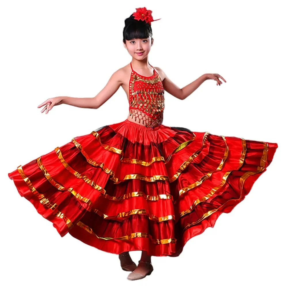 

Girls Red Belly Dance Dress Spanish Flamenco Costume Ballroom Tribal Dress With Head Flower
