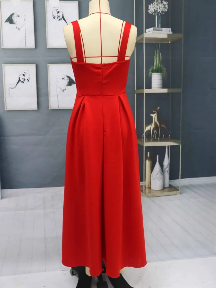 Women's Formal Wrap Red Midi Dress V Neck Sleeveless Summer Ladies Elegant Sexy Strap Evening Cocktail Party Gown Ceremony Dress