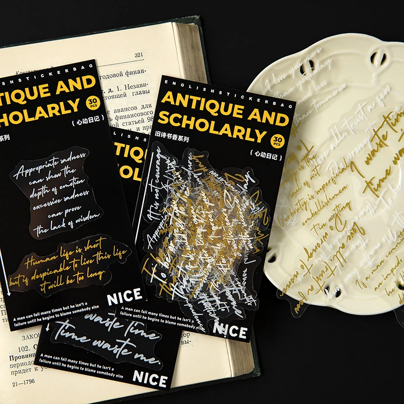 30pcs VintageEnglish Phrases Words Gold Decorative PET Stickers 30pcs-vintageenglish-phrases-words-gold-decorative-pet-stickers
