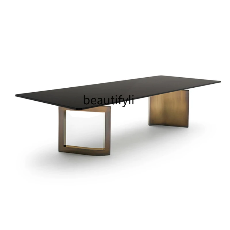 

Italian Light Luxury Stainless Steel Stone Plate Dining Table Modern Simple Home Rice High-End Villa
