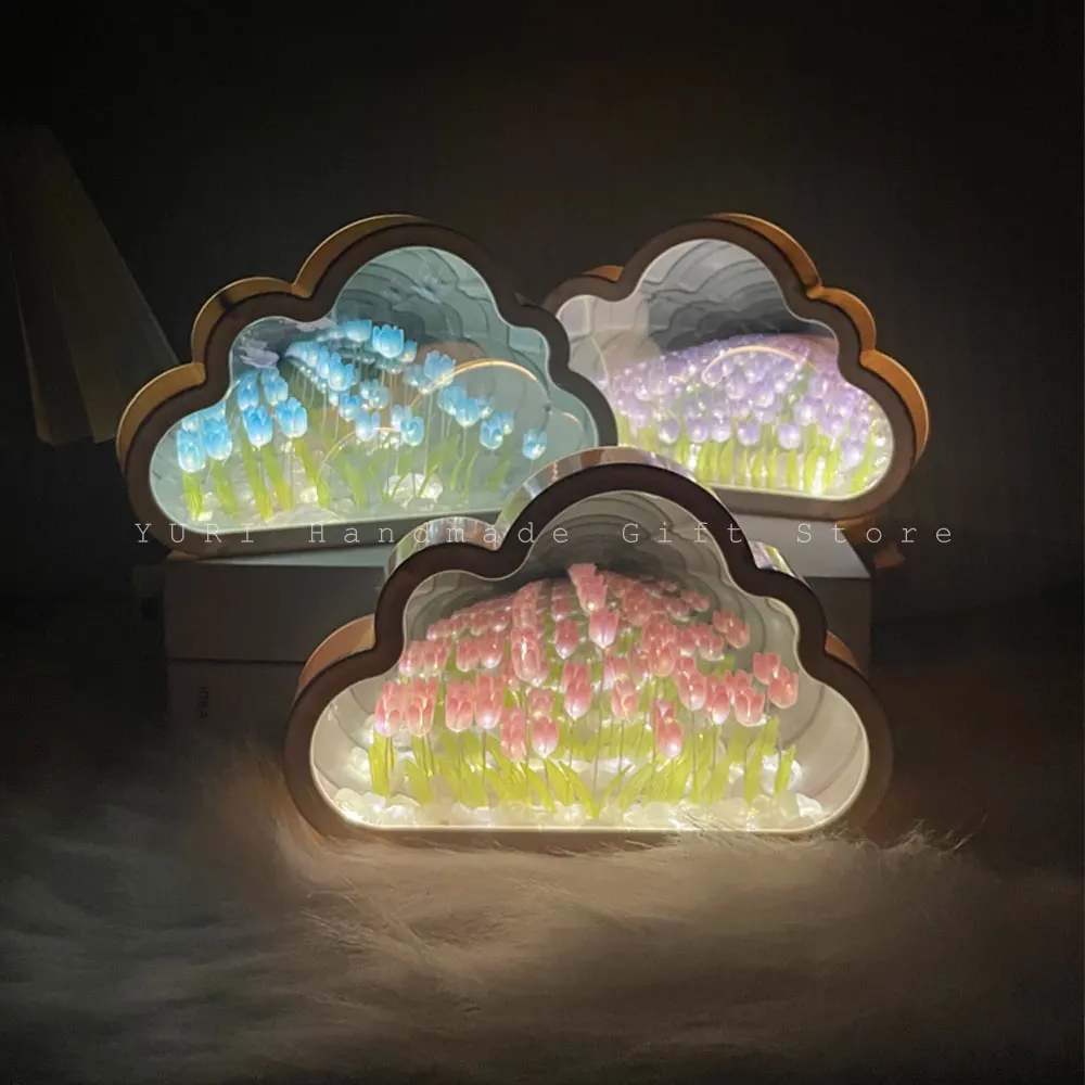 

Cloud Tulip Nightlight Handmade DIY Material Home Decor Mirror Creative Atmosphere Night Lamp Birthday Gift Valentine's Day