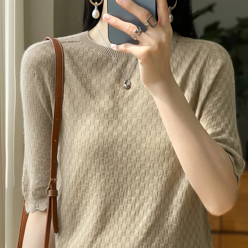 Женский кашемировый вязаный свитер с рукавом до локтя, весенний модный топ из искусственной шерсти с воротником, пуловер, вязаная футболка
