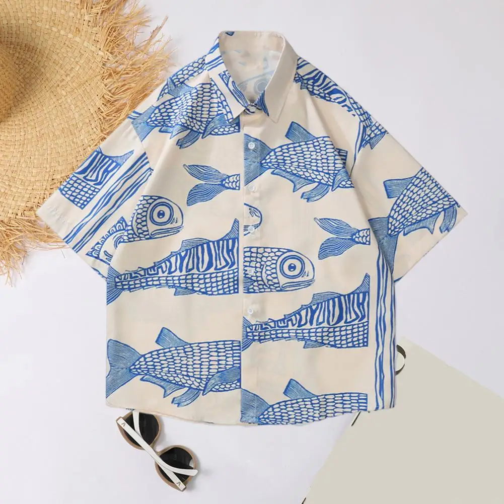 

Young Men Summer Top 3D Fish Print Casual Clear Print Summer Holiday Shirt Single-breasted Men Beach Shirt Men Garment