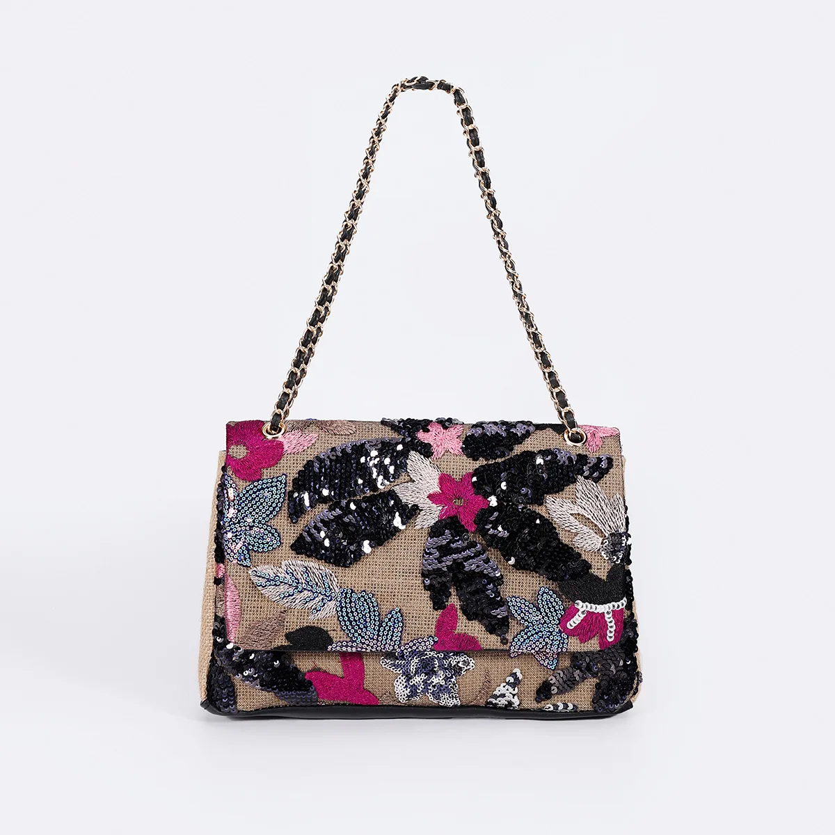 Women Straw Sequin Underarm Flower Pattern Bag Large Capacity New Style Braided Chain Crossbody Border Shoulder Bag