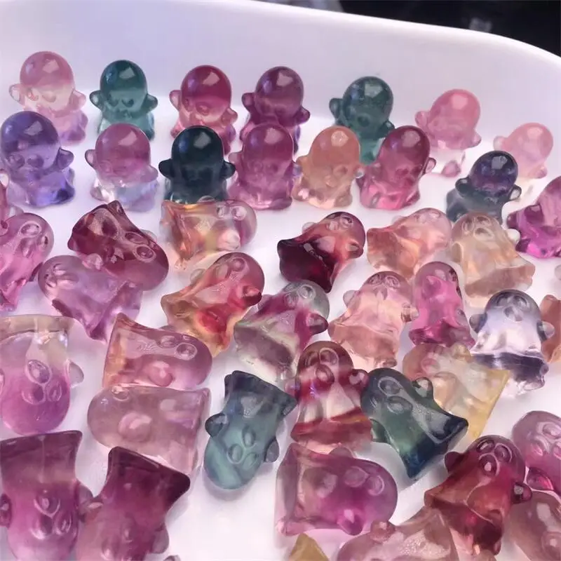 

10pcs Natural Fluorite Ghost Carving Fluorite Ghost Cartoon Figurines Reiki Stones Lucky Home Decoration