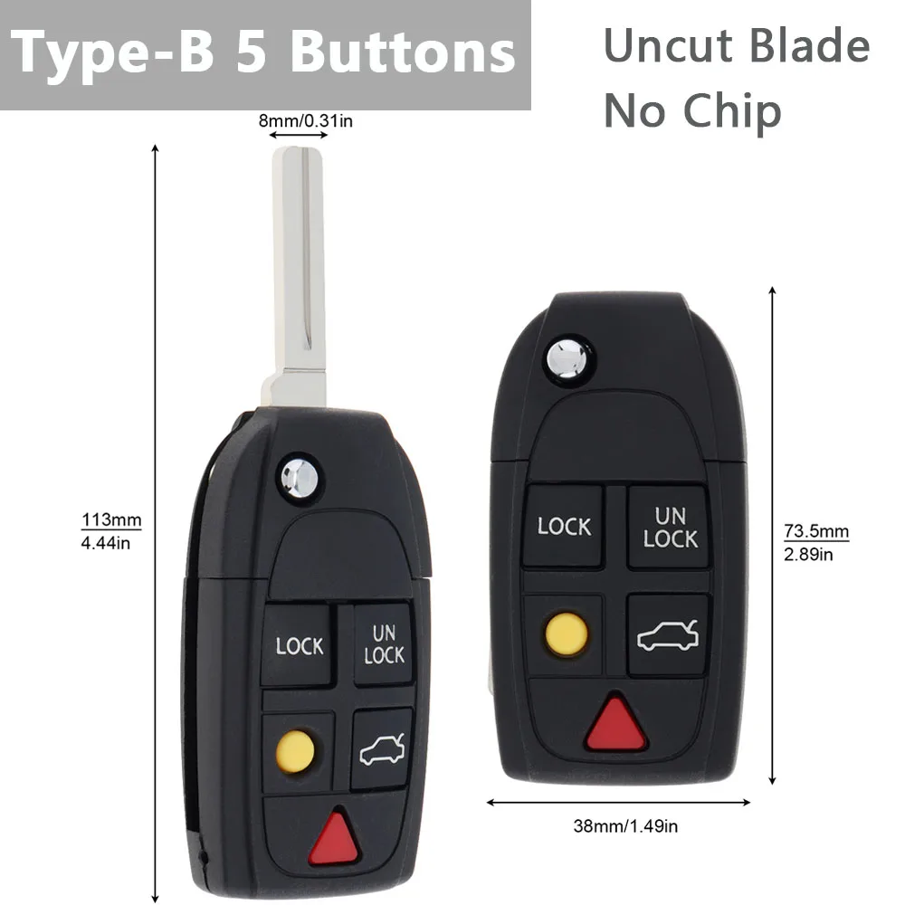 5 Buttons Flip Remote Key Case FOB Replacement Fit for VOLVO S60 2000-2009 / S80 1999-2006 / V70 2000-2007 XC90 2002-2013