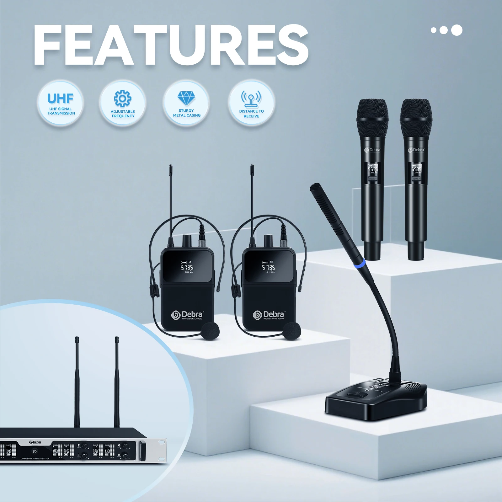Debra DU8008 8-Channel Wireless Handheld Microphone System Handheld, Lavalier, a