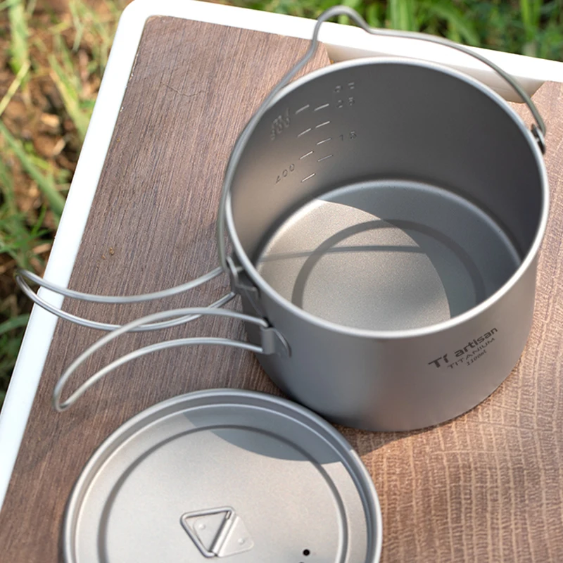 Foldable Handle Titanium Camping Pot Cup Outdoor Hiking Backpacking Ultralight Portable Hanging Pot with Lid Tiartisan 900ml camping cookware,camping cookware set