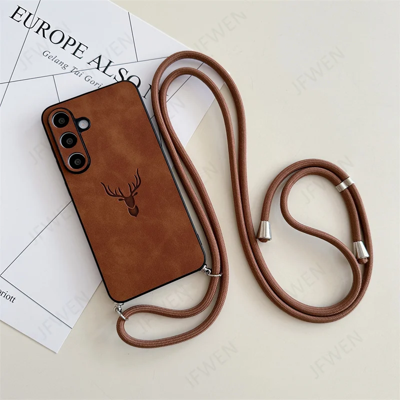 Luxe Deer Head Leather Crossbody Lanyard Phone Case with Hard PC Back Cover