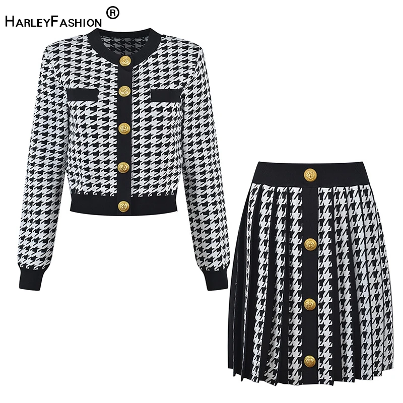 MABLE USA Houndstooth Cropped Knit Cardigan and Mini Skirt Set