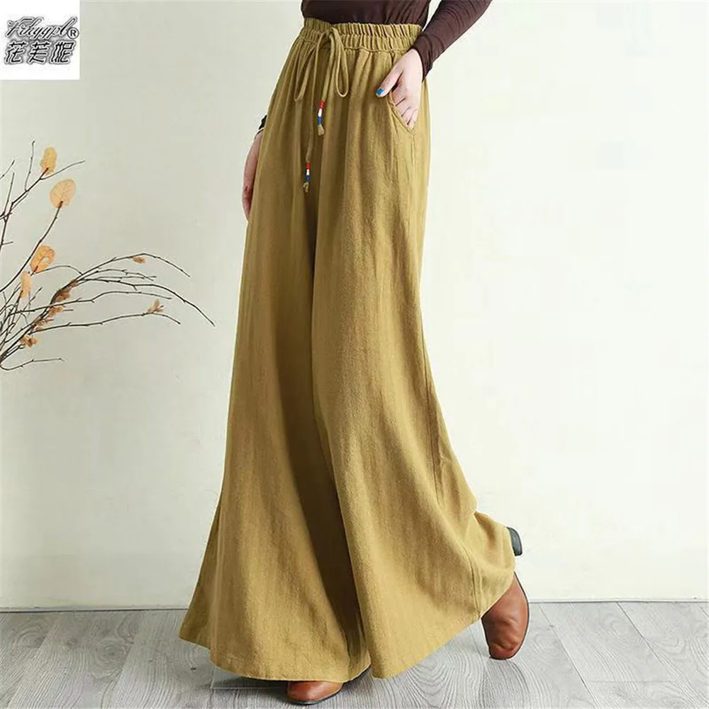 Vestidos De Fiestay2KLiterary Cotton Linen Wide Leg Pants With Drawstring Elastic Waist For Women'S Spring And Autumn Long P