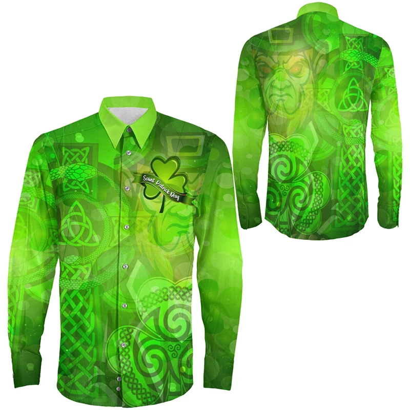 

Saint Patrick Day Clover Skull 3D Print Long Sleeve Shirts For Men Clothes Ireland Celtic Women Blouses Shamrocks Leprechaun Top