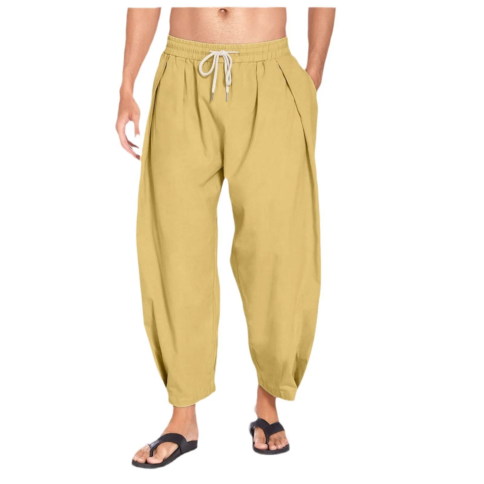 Men's Cotton and Linen Harem Pants Drawstring Casual Cropped Pants Lightweight and Loose Beach Yoga Linen Lightweight