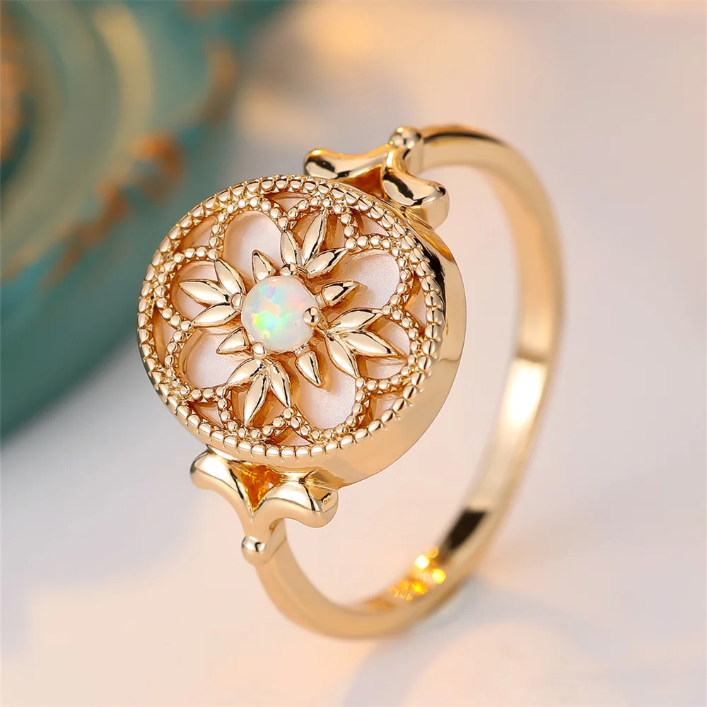 Trendy Flower White Opal Round Stone Rings For Women Vintage Gold Color Engagement Bands Wedding Jewelry Bridal Versatile Gifts