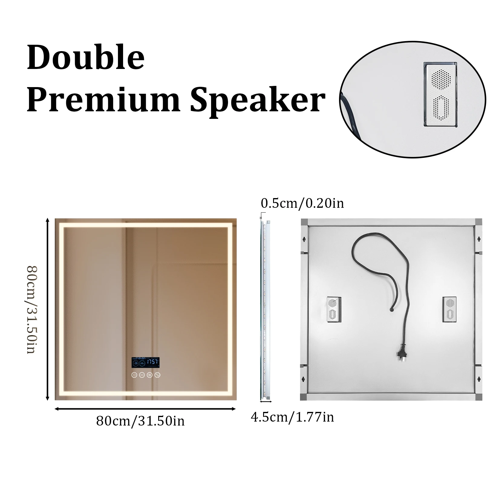 Wisfor LED Lighted Bathroom Mirror 32 Inch Square Lighted Bluetooth Speaker Dimmable Wall Vanity Mirror Temperature Time Display