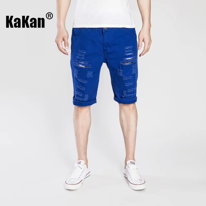 Kakan - Summer New Vintage Perforated Capris Jeans for Men, Royal Blue Red Distressed Washed Casual Jeans K35-F049