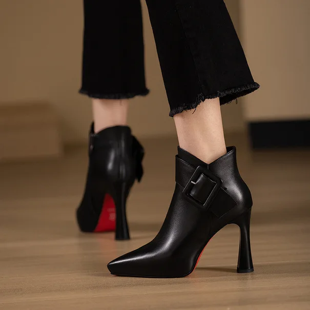 2024 Schwarze Damen High Heels Spitze Rutschfeste Lederstiefel mit Schnallenverschluss Sexy Low-Top Schuhe Lässige Modische Damenpumps – Detail 11
