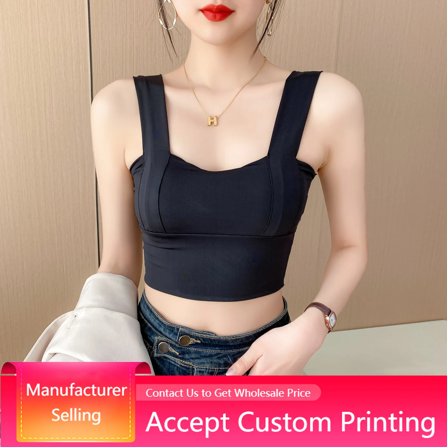 

Wireless Padded Short Shirt Square Neck Sleeveless Solid Crop Women Spaghetti Strap Top Casual Off Shoulder Tops