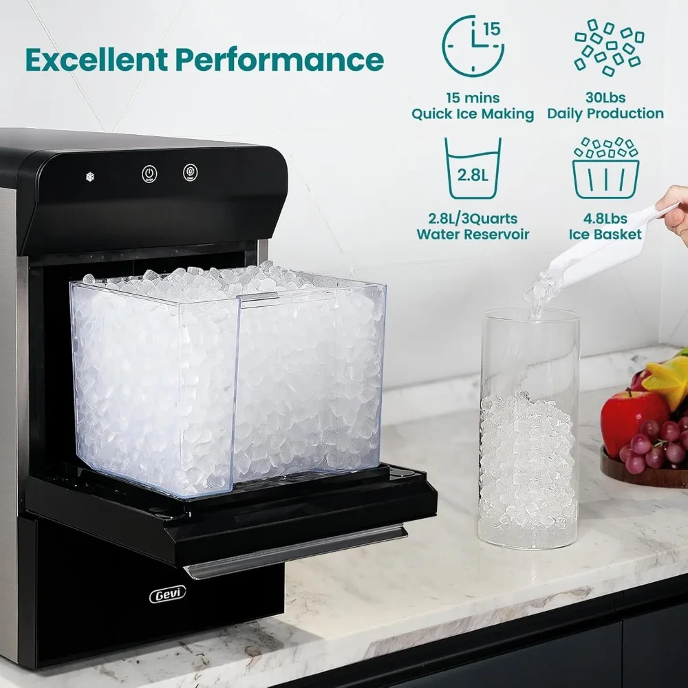 Household countertop ice maker, self-cleaning particles open and pour in water to replenish, stainless steel shell black