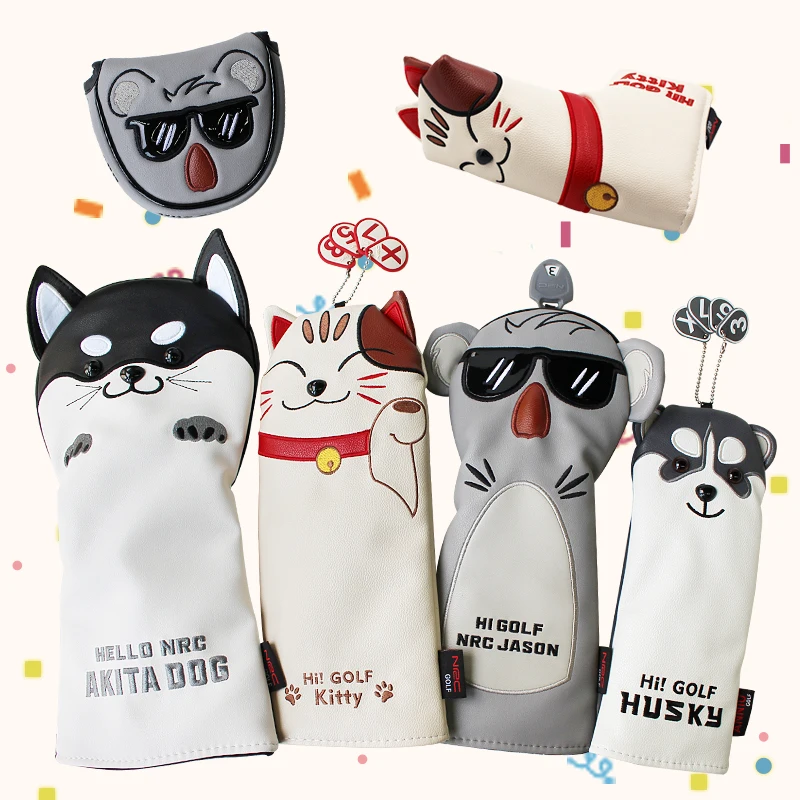 Cartoon Golf Head Cover Akita Dog Golf Cover Lucky Cat Golf Headcover Husky Per Driver Fairway Wood Hybrid 135Ut