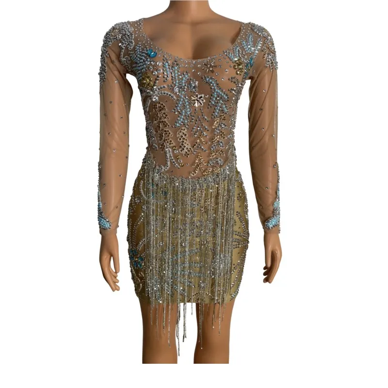 

Celebrate Crystals Chains Fringes Dress Dancer New Sexy Stretch Rhinestones Outfit Prom Party Costume Shining Evening