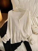 Women's Hollow Out Lightweight Long Sleeve Sun Protection Shawl Summer Spring Solid Color Button Knitted Cardigan Elegant Fashio 1
